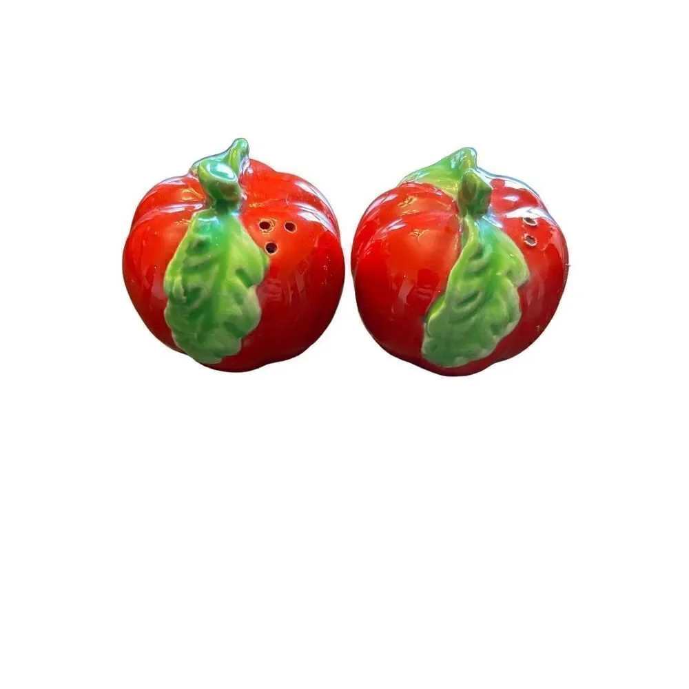 Vintage ceramic red apple salt pepper shakers EUC needs stoppers EH